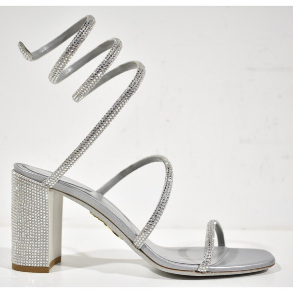 Rene Caovilla Cleo Grey Silver Crystal Wrap Strap Sandal Block Heel Pump 37.5 - Picture 2 of 12